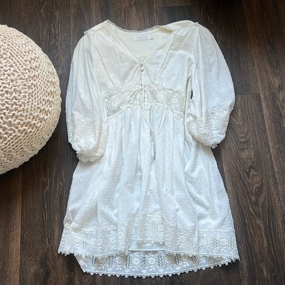 Zimmermann White Eyelet Lace Boho Long Sleeve Mini Dress Size 3